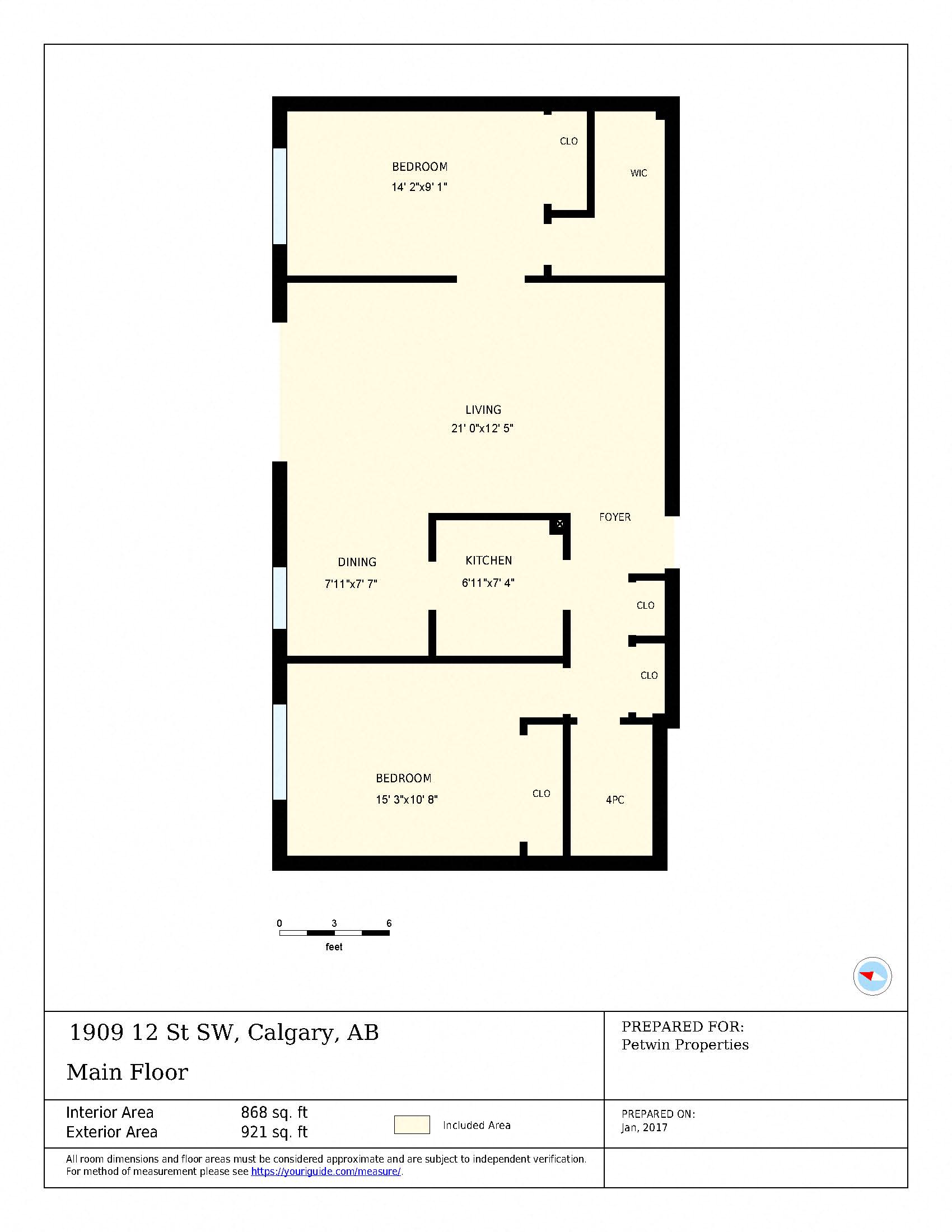 Floor plan for 2 beds, 1 bath, 921 sqft